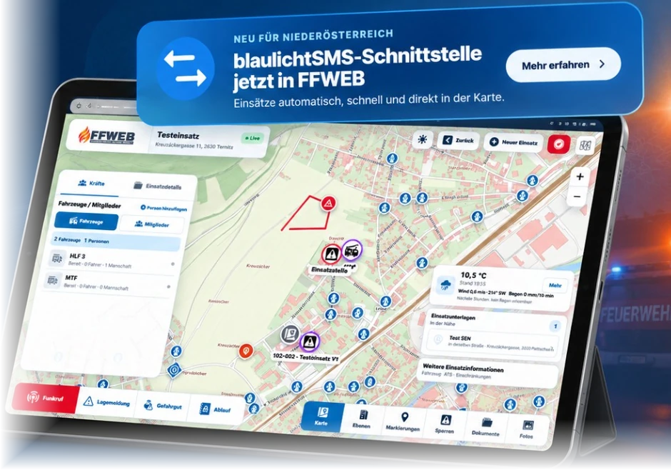 FFWEB Einsatzmodus mit blaulichtSMS-Schnittstelle: Tablet-Lagekarte mit Fahrzeugen und Einsatzinformationen